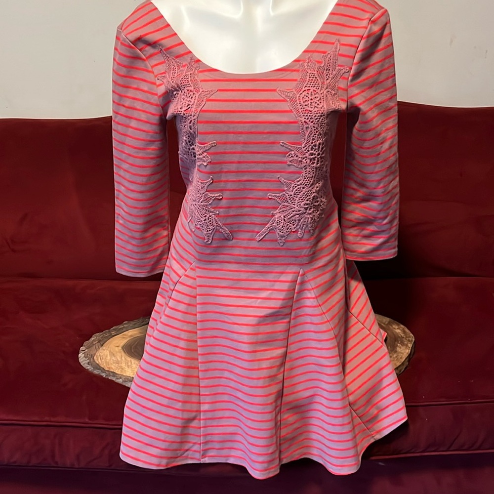 Free People pink/red striped long slv dress Sz M